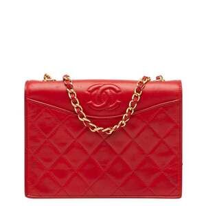 CHANEL Red Lambskin Leather Logo Shoulder Bag